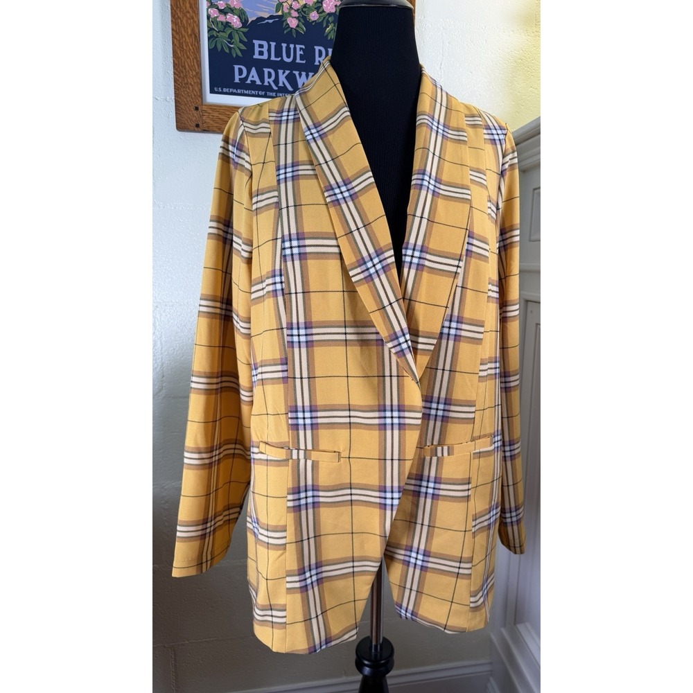 Torrid Studio Yellow Plaid Blazer Jacket Size 0 Mustard Tartan Longline 29"